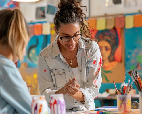 teacher-facilitating-creative-arts-class-with-various-art-supplies-projects